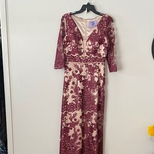 JS Collections Wine Floral Lace Long Sleeve Gown